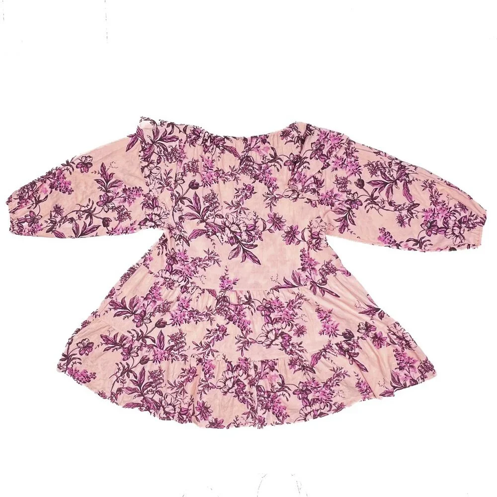 Free‎ People Sunbaked Swing Dress in Petal Pink Floral Crepe Ruffled Sz L - NWOT